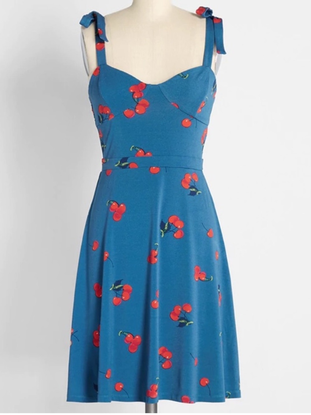 ModCloth Retro Cherry Print Dress Blue S Small Tie Bow Straps Fit & Flare